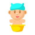 Small Happy Baby Taking Bath In Blue Bathing Hat Vector Simple Illustrations With Cute Infant