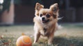 Small happy dog playing with pet toy ball at backyard lawn. Generative AI