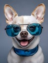 Small happy Terrier Chihuahua dog with glasses on a plain wall in a studio