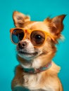 Small happy Terrier Chihuahua dog with glasses on a plain wall in a studio