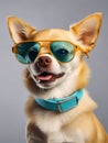 Small happy Terrier Chihuahua dog with glasses on a plain wall in a studio