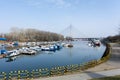 Small harbor and view to the Ada bridge on the river Sava in Belgrade, Serbia Royalty Free Stock Photo