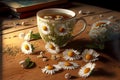 small heads of daisies laid out on wooden table next to mug of chamomile tea