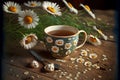 small heads of daisies laid out on wooden table next to mug of chamomile tea