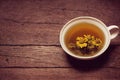 Small heads of daisies laid out on wooden table next to mug of chamomile tea