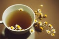 Small heads of daisies laid out on wooden table next to mug of chamomile tea