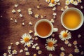 Small heads of daisies laid out on wooden table next to mug of chamomile tea