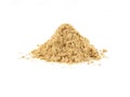 Small heap of ground mustard isolated on white background with copy space for text, images. Spices and herbs. Packaging