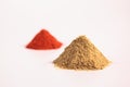 Small heap of spices, the coriander powder and Chilli Powder