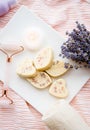 Small heart and leaf shape bath truffles and rose quartz face rolling tool. Home spa.