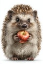 Small hedgehog holds a red apple in its paws with a curious expression in a bright setting Royalty Free Stock Photo