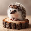 A small hedgehog sitting on a piece of wood.