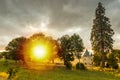 Small hidden castle during sunset on a dreamlike landscape