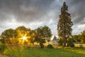 Small hidden castle during sunset on a dreamlike landscape