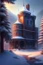 Small Historic Snowy Castle. Generative Ai. Ai