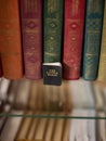 A small holy book of the Bible stands on a shelf near large multi-colored books. Royalty Free Stock Photo