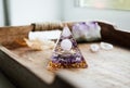 Small home altar with Orgonite or Orgone pyramid indoors. Royalty Free Stock Photo