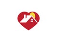 Small home and sun inside a big heart for logo design