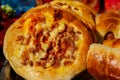 Small homemade pizza with sausage and cheese Royalty Free Stock Photo