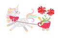 Small horse - unicorn harnessed to cart in the form of red cup on castors with large beautiful flower in it, rides
