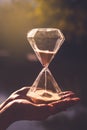 Small hourglass show time is flowing on old wood grunge texture Royalty Free Stock Photo