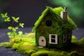 A small house covered with grass and moss. The concept of ecology, unity with nature. Ai generative