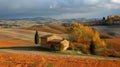 A small house in a field surrounded by trees and fields, AI Royalty Free Stock Photo