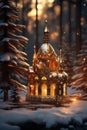 a small house figurine and in winter forest with snowy Christmas trees, beautiful decoration for New Year holidays, winter Royalty Free Stock Photo