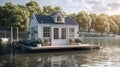 A small house on a floating platform in the water. AI generative tiny house. Tiny house illustration.