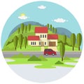 Small House On Green Hills with Blue Sky Background.Flat Style Vector Design. Royalty Free Stock Photo