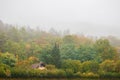 Small house hidden in the foggy, misty forest at late autumn. Weather, lifestyle background concept Royalty Free Stock Photo