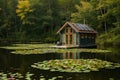 Small House on Lake Surrounded by Lily Pads, Tranquil Nature Scene, A floating houseboat calmly nestled among lily pads on a lake