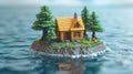 A small house on a little island surrounded by trees, AI