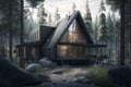 A small house in the middle of a forest, scenery, art illustration. Generative ai Royalty Free Stock Photo