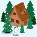 a small house in the middle of the forest with a snowman Royalty Free Stock Photo