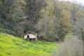 small house in the middle of a meadow and a forest. Shepherd\'s hut called Borda Cantabria Spain Royalty Free Stock Photo