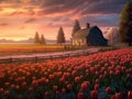 A small house in the middle of a tulip field, sunlight shining on tulip fields, and a mountain at sunset in the Royalty Free Stock Photo