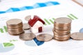 The small house model on the financial chart and the abstract path made of dollars and coins Royalty Free Stock Photo