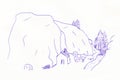 Small house near a rock. Sketch with a penball Royalty Free Stock Photo