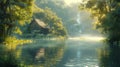 Small house nestled on lake shore surrounded by trees in natural landscape Royalty Free Stock Photo