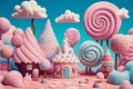 small house in a pastel colored candyland with lolliipops