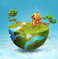 Small house,river with trees on half of the globe.