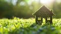 A small house-shaped figure covered in lush green moss stands amidst a field of vibrant green plants, illuminated by soft sunlight