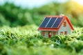 A small house with a solar panel on top of it in the grass. Generative AI Royalty Free Stock Photo