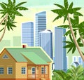 A small house in the suburbs. Cityscape with palms and sky. High-rise buildings, skyscrapers and high-rise buildings. Green park