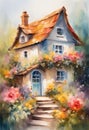 A small house surrounded by flowers, a summer landscape, an artistic painting