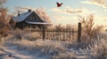 Snowy Landscape: A Realistic Vray Tracing Of An Old House With A Butterfly