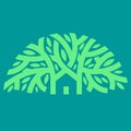 Small house under big old tree. Simple vector logo mark template or icon of building for modern real estate company or cozy hotel Royalty Free Stock Photo