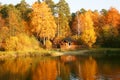 Small house and wooden pier at sunrise in autumn. Aerial view. Beautiful landscape Royalty Free Stock Photo