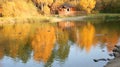 Small house and wooden pier at sunrise in autumn. Aerial view. Beautiful landscape Royalty Free Stock Photo